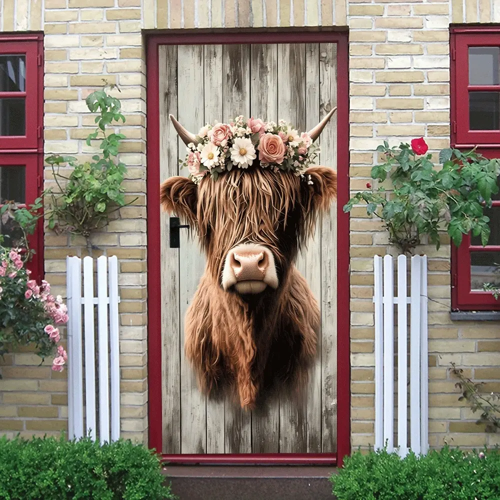 2pcs Vintage Highland Cow Wall Sticker with Flower Crown Creative Animal Decorative Decal Self Adhesive Removable Art Mural for Living Room BedroomHome Decoration NordicStyle Cartoon Wall Art Decor Household Decoration Supplies