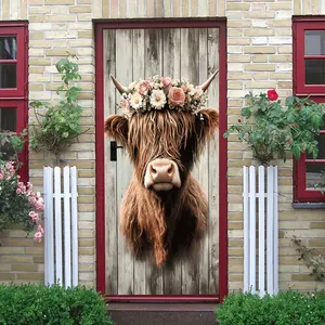 2pcs Vintage Highland Cow Wall Sticker with Flower Crown Creative Animal Decorative Decal Self Adhesive Removable Art Mural for Living Room BedroomHome Decoration NordicStyle Cartoon Wall Art Decor Household Decoration Supplies