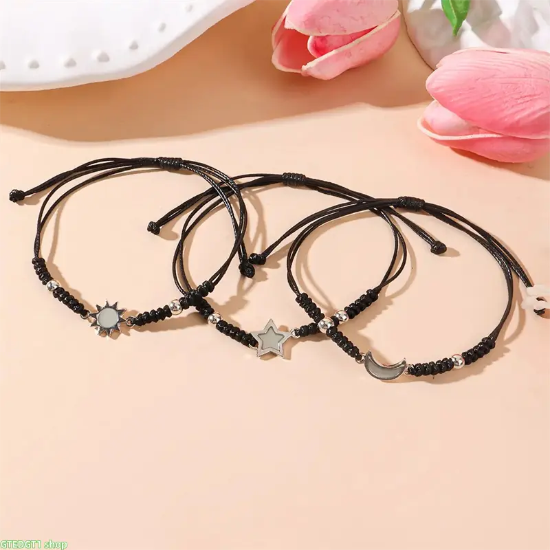 3 Pcs Celestial Charm Bracelet Set, Minimalist Wax Rope Friendship Wrist Jewelry for Teens, Adjustable with Glow-in-the-Dark Star