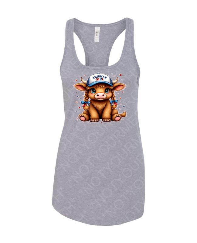 American Girl Highland Cow Tank – Cute Patriotic Animal Top