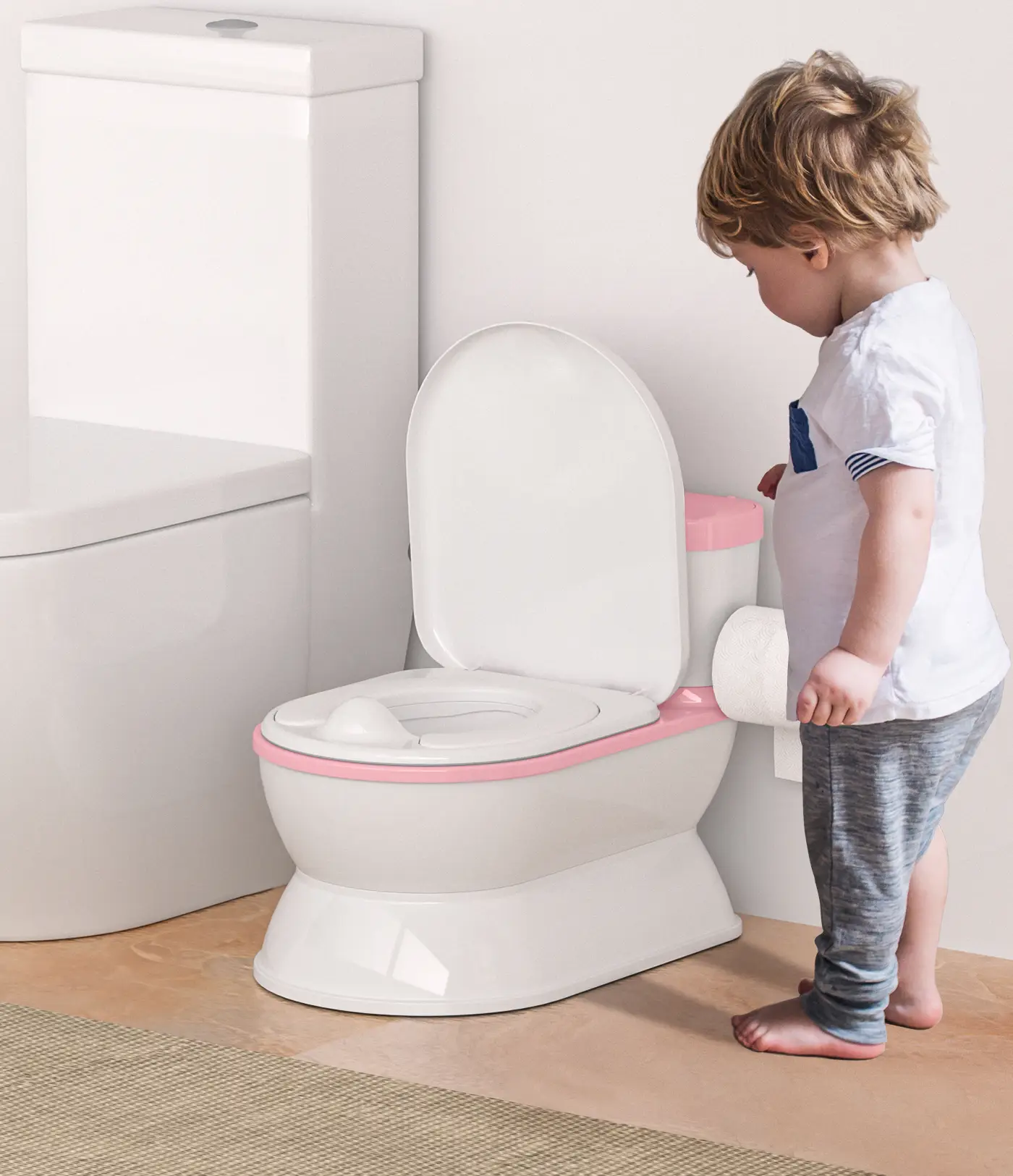 2-in-1 Toddler Potty Training Toilet - Potty Chair & Detachable Seat with Flushing Sound, Wipes Storage, and Toilet Paper Holder - Pink potty chair