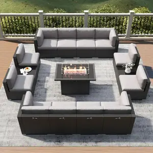 15-Piece Outdoor Patio Furniture Set with Fire Pit Table,  Rattan Sectional Sofa with Coffee Table