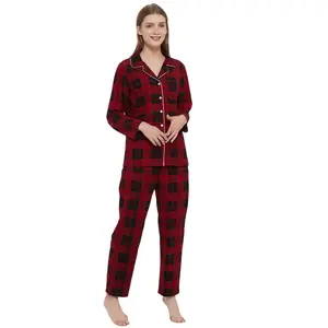HEARTNICE Women Soft Pajama Set Long Warm Flannel Pajamas Lightweight Cute Printed Pjs Set with Pockets(Red-Black Plaid L)