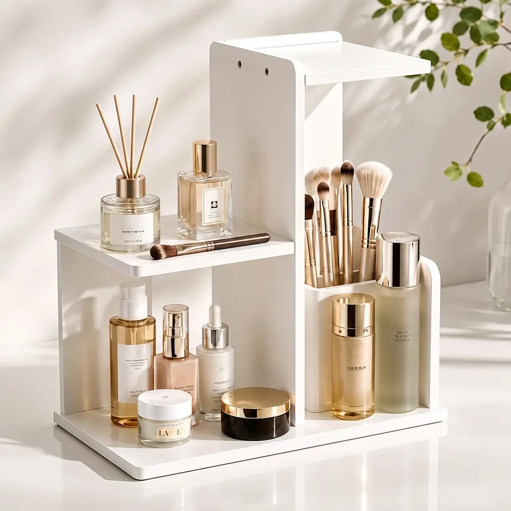 3-Tier White Desk Organizer Shelf with Drawer - Multi-Functional Desktop Storage Rack for Organizing Makeup, Aesthetic Office Supplies, Office Accessories, Study Desk, Dorm Room - Modern Minimalist Home Organizer, Space Saver
