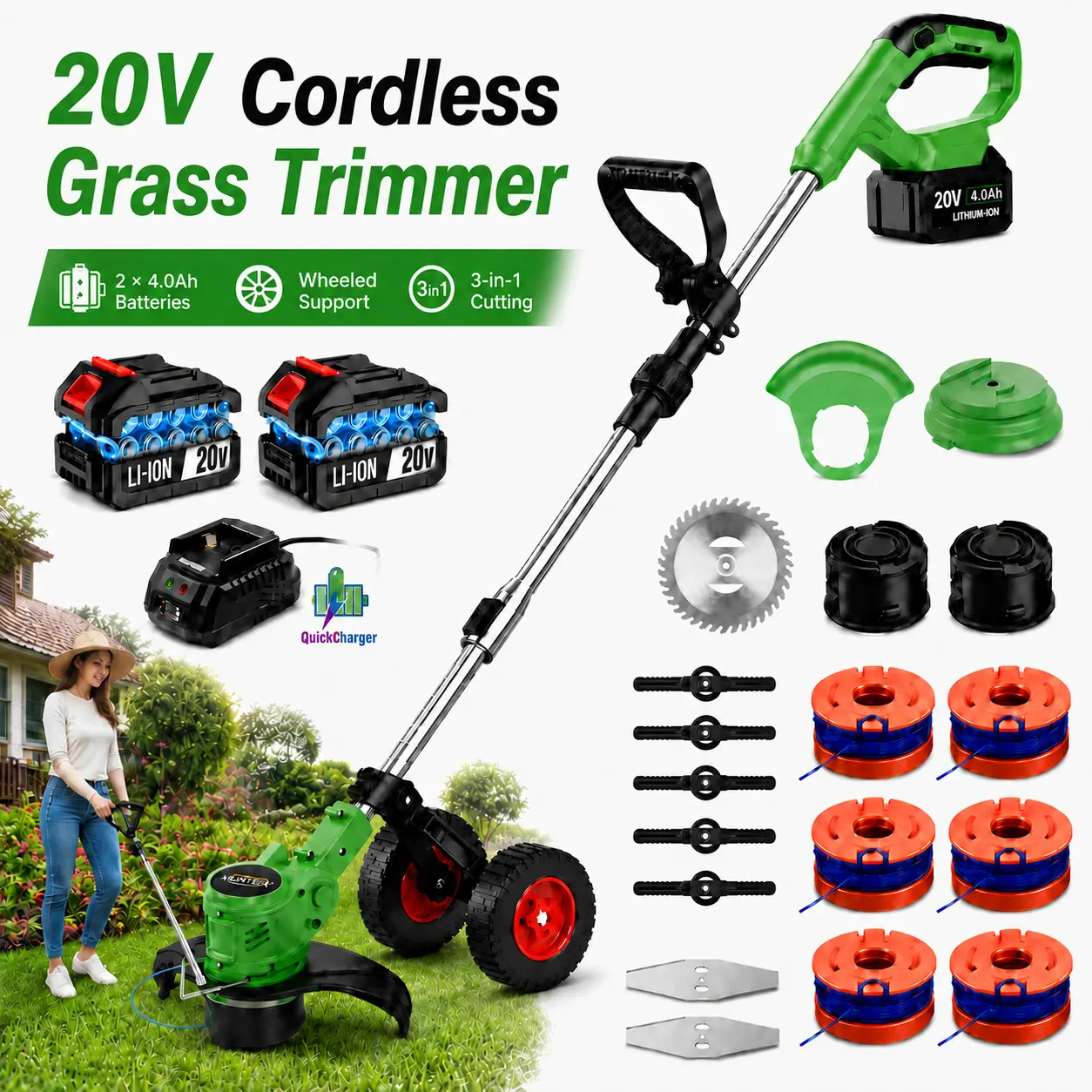 20V Cordless Lawn Trimmer with 4.0Ah Lithium Battery & Fast Charger, 3-in-1 Cutting System: Saw Blade, Metal Blades & Nylon Lines, Full Accessory Kit  grass cutters,mower, Portable Weed Wacker for Yard,garden,Flower Bed & Lawn Edge Trimmin maintenance