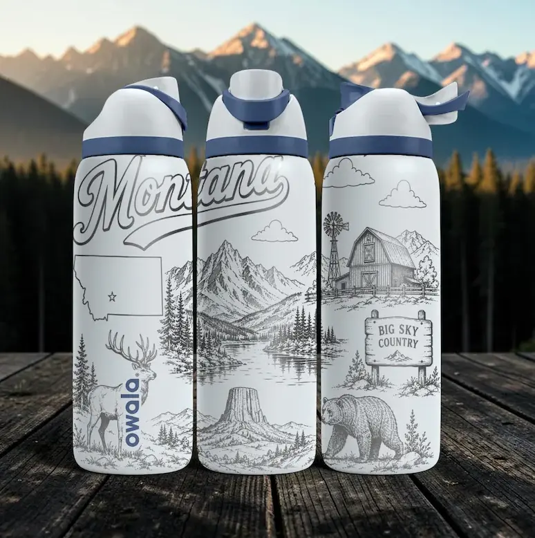 Owala FreeSip 32oz Montana Landscape Engraved Water Bottle | Big Sky Country Mountain Design | Stainless Steel Vacuum Insulated Travel Bottle with Straw Lid