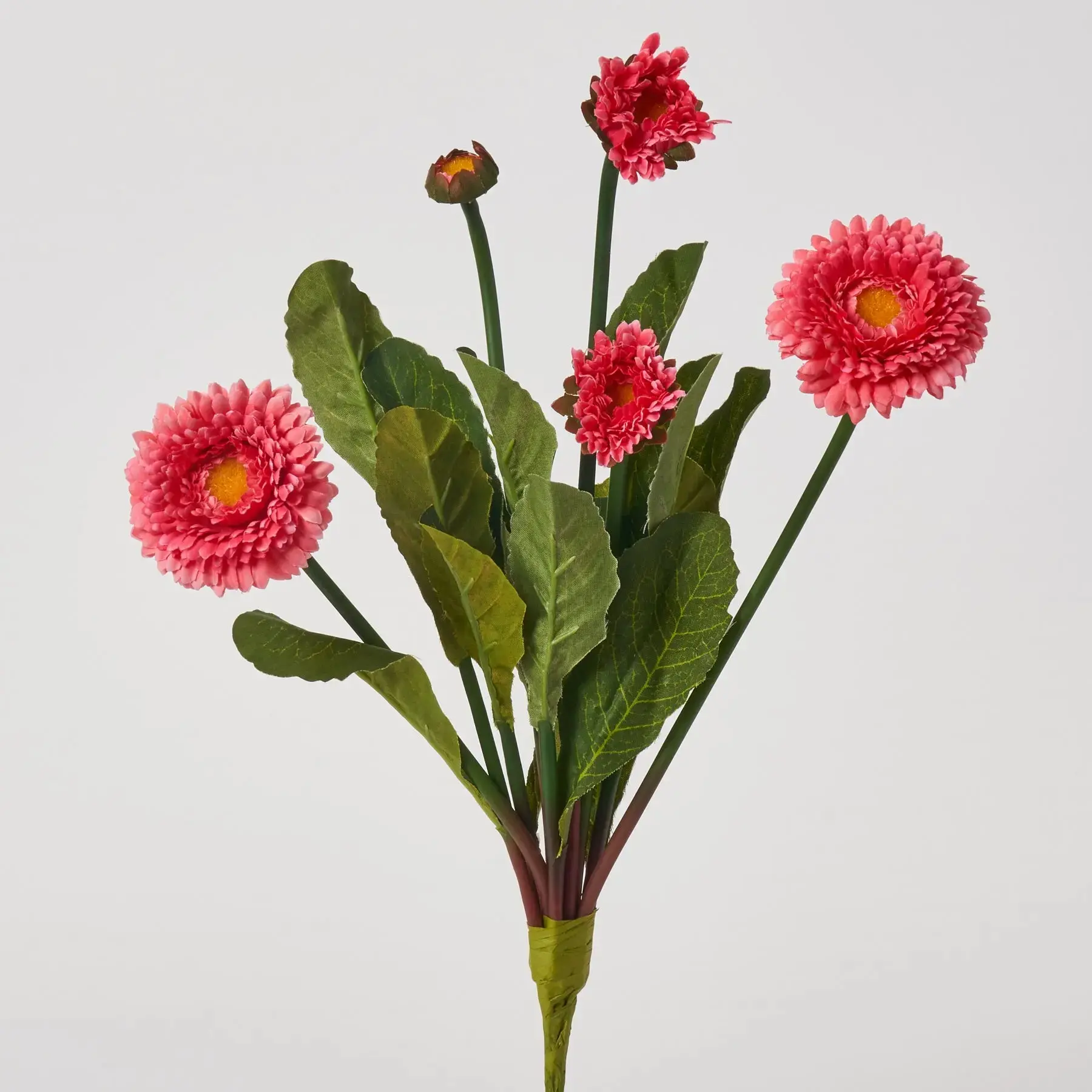 Hot Pink Silk English Daisy Bush Bloom & Leaf Foliage Stem Bouquet - 14"