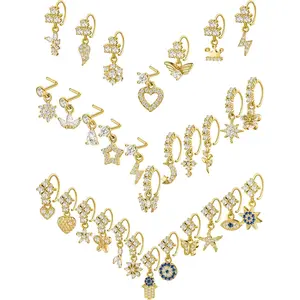 30 count 20g Dangle Nose Rings for Women L Shaped  Dangling Nose Piercings Studs Flower Heart  Leaf Hoop  with Charm