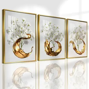 3 Counts Aluminum Alloy Framed Painting, White Flowers With Golden Liquid Art Pictures, Home Decoration For Living Room, Bedroom, Office, Restaurant, Hallway Wall Decor, Odorless Print Artwork, Luxury Perfect Gift For Friends And Family