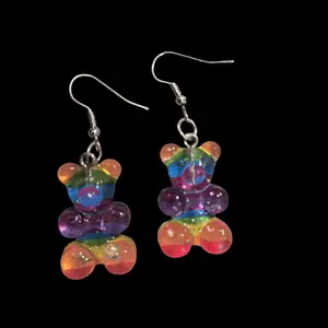 Rainbow Gummy Bear Earrings - Colorful Beads with Clear Accents, Double-Strap Design for a Fun and Unique Look