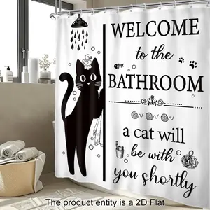 1pc Funny Black Cat Shower Curtain Cute Cartoon Cat Bathroom Decor with "Welcome To The Bathroom" & "A Cat Will Be with You Shortly" Text with Hooks Included