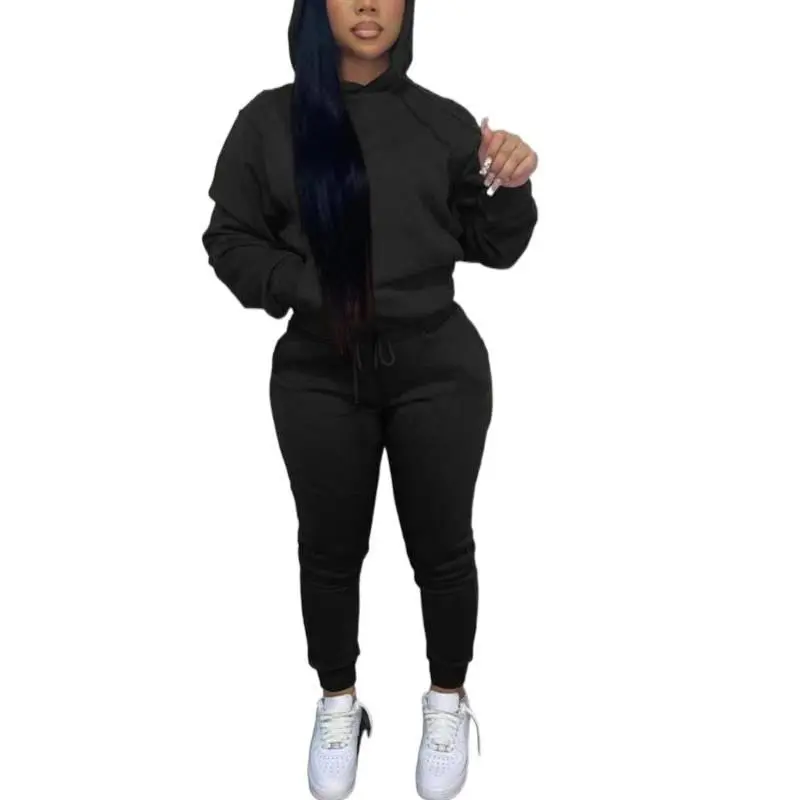 Women's 2-Piece Fitted Knit Loungewear Set, Casual Solid Hooded Sweatshirt and Drawstring Pants with Pockets, Hoodie/Jumper