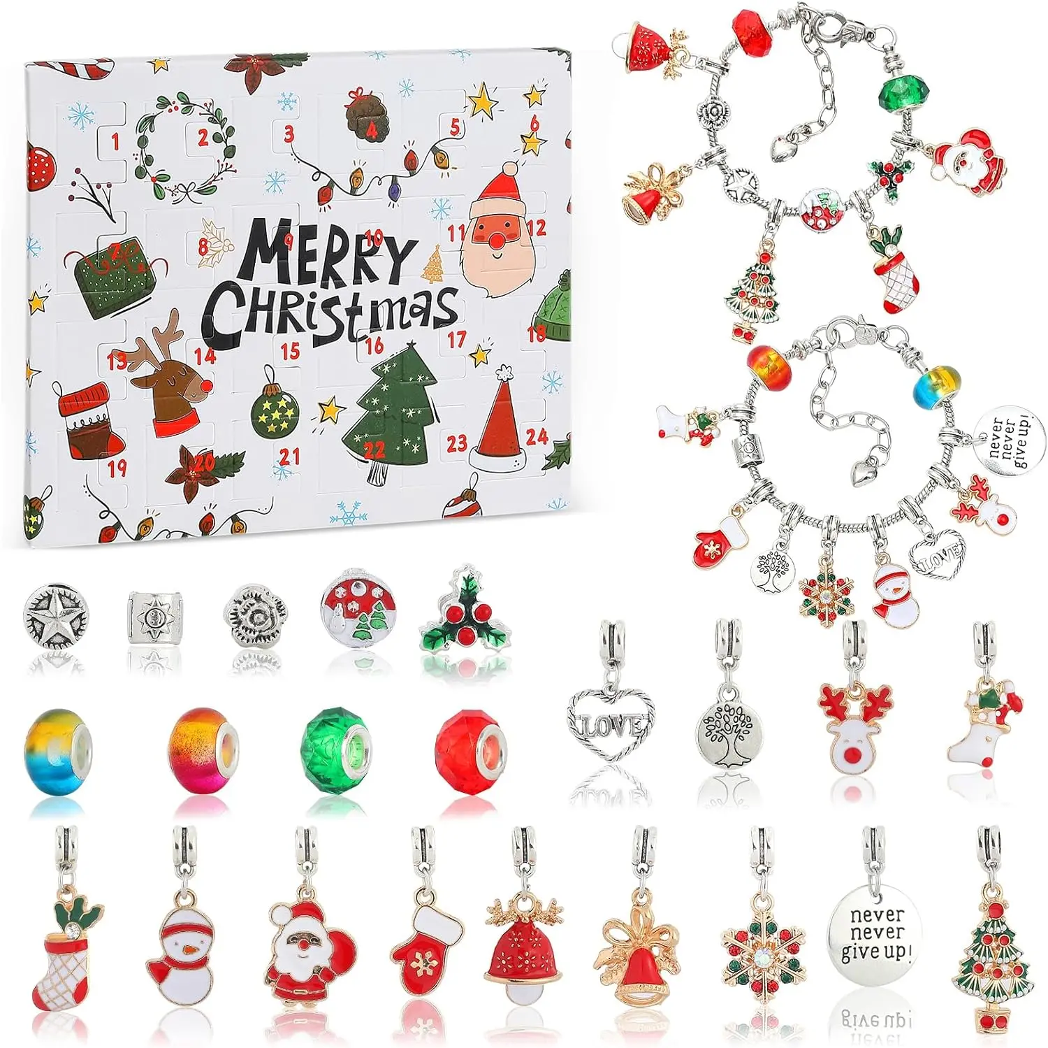 24-Day Christmas DIY Advent Bracelet Kit – 24 Days Xmas Countdown Jewelry Making Set with 22 Charms & 2 Bracelets – Holiday Gift for Kids, Teens & Women