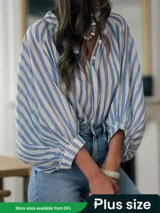 Plus Size Women's Loose Casual Lantern Sleeve Woven Striped Blouse Shirt Top, Long Sleeves, Comfortable Fit, Perfect for Everyday Wear & Office