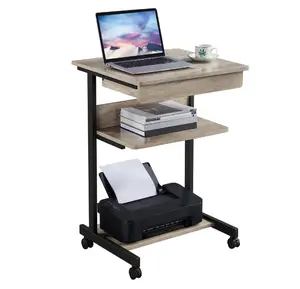 Rolling Computer Desk with 2 Storage Shelves and Drawer, Rustic Gray