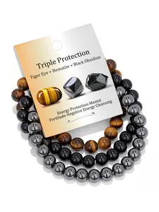 3-Piece Mixed Material Beaded Bracelet Set, 8mm Tiger Eye Stone Iron Magnet Obsidian Beads, Handmade Elastic Spiritual Jewelry