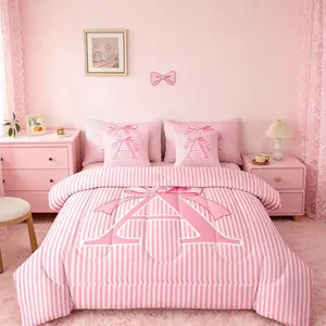 Pink Bow Comforter Set with Sheets 7 Piece Dreamy Princess Bow Bedding Set for Kids Boys Girls Personalized Letter A Bed in a Bag Room Decor Soft Microfiber