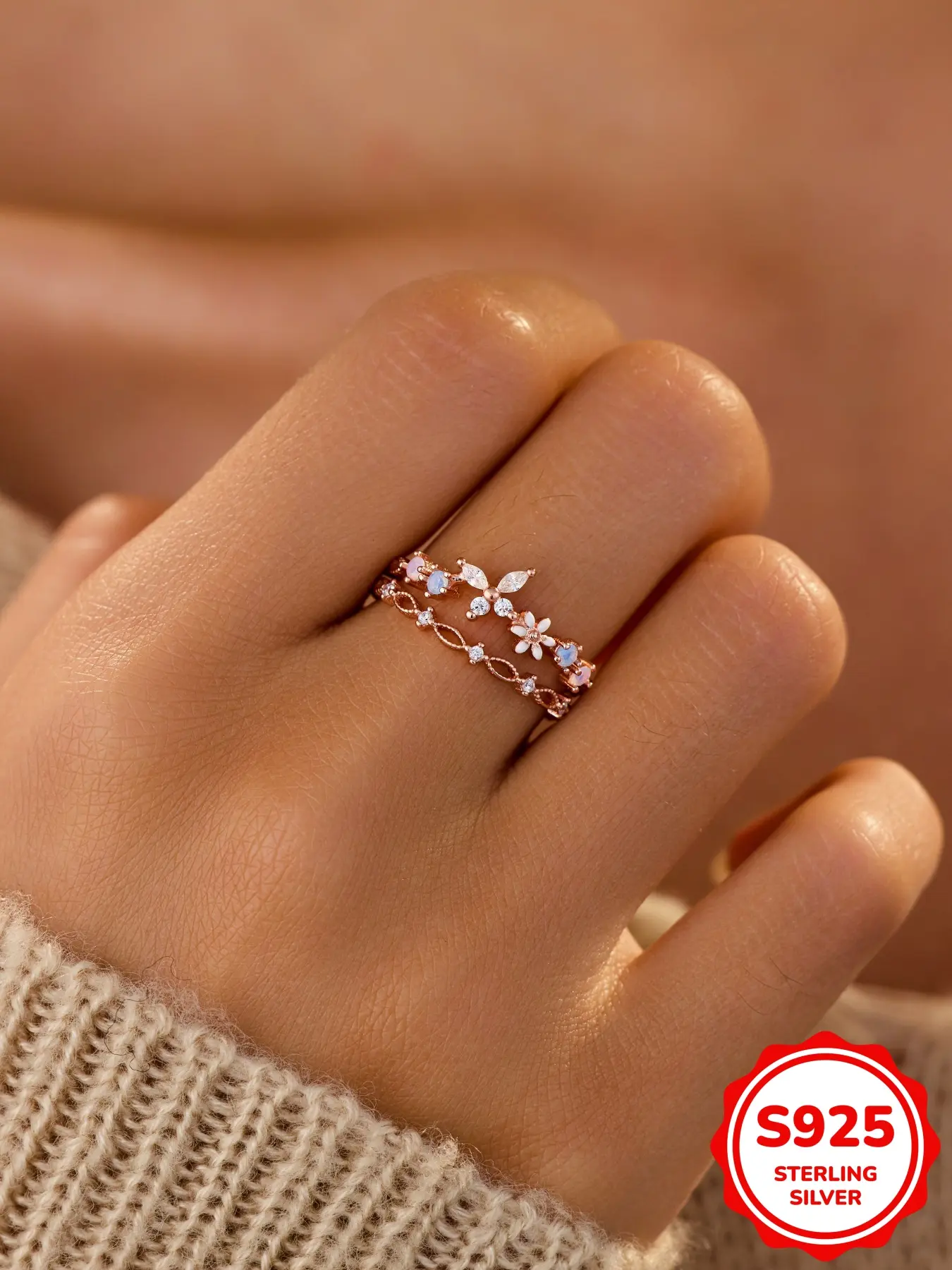 Exquisite S925 Silver Color Butterfly Ring with Cz Stones, Adjustable Double Layer Flower Design, Perfect Jewelry Gift for Women, Beautiful Rings, artificial zircon rings, Adjustable Rings