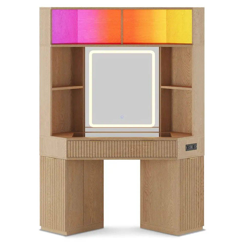 SIKAIC Makeup Vanity - Luxury Fluted Wooden Corner Desk with Sound-Sync LED Lights, Glass Top, Mirror, Power Outlet, Shelves, Drawers, and Cabinets, Led Vanity Dresser, Lighted Makeup Vanity