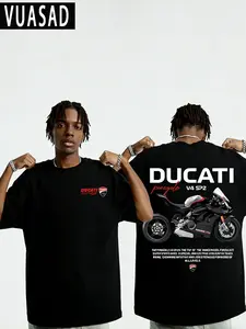 Motorcycle Party Street Style Loose Fit Super Racing T-Shirt, 100% Pure Cotton, Short Sleeve, Geometric Print, Trendy Fashion Top