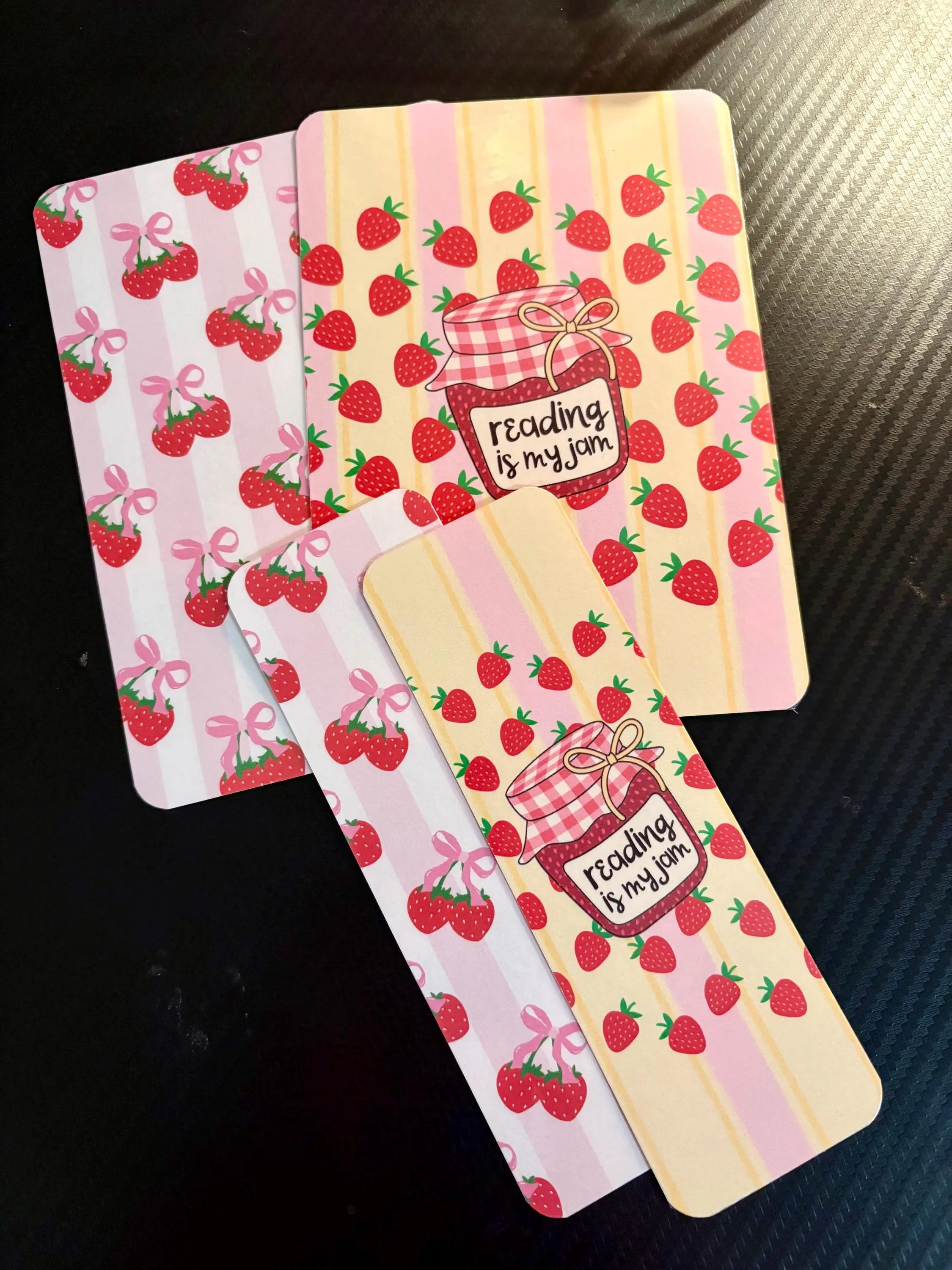 Printed Strawberry "Reading Is My Jam" Kindle Insert Bookmark Bundle, Coquette Decor for Readers, Office Stationery Bookmarking Accessory