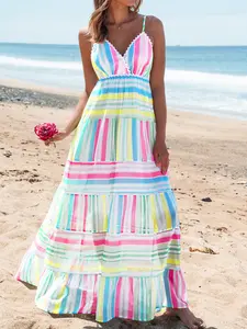 Popvil Geometric Pattern Sleeveless Patchwork Maxi Dress Women's Causal Sweet Stripe Pattern Cami Dress for Beach