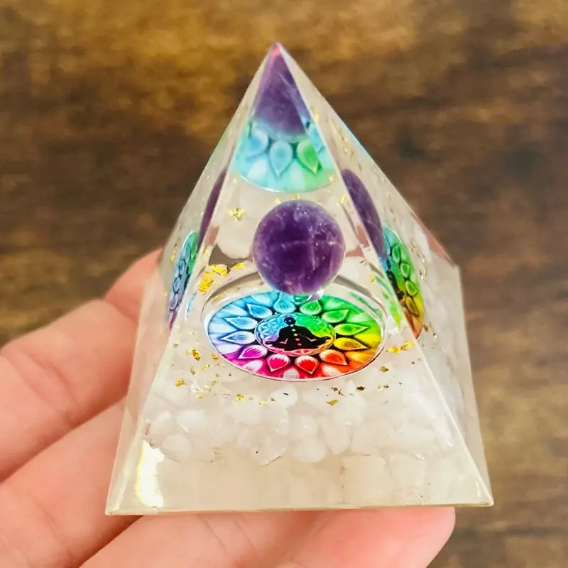 Natural Chakra Balancing Orgonite Meditation Pyramid with Amethyst Sphere - Natural Crystal Decoration, Desk Ornaments, Room Decor for Energy Increase