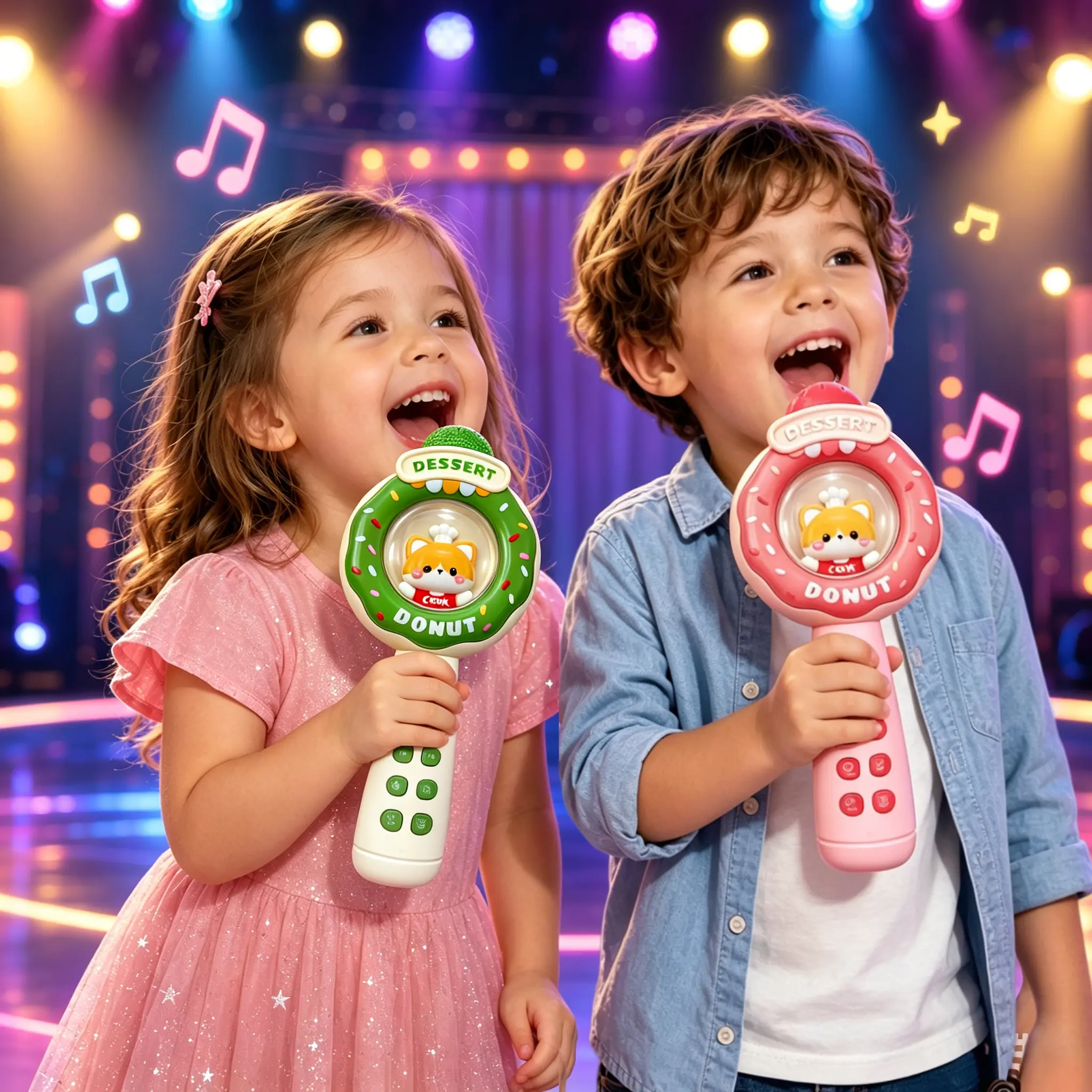 Kids Wireless Donut Karaoke Microphone, Portable Bluetooth Toy Mic with LED Lights & LCD Screen, Auditory Play Toy for Toddlers, Ideal Birthday Party Gift, backtoschoolshopping