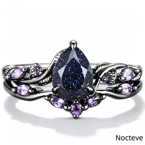 2-Piece Women’s Dark Celestial Matching Stackable Finger Ring Bundle, Smooth Polished Gunmetal-Tone Alloy Bands Inlaid with Teardrop Cut Starry Shimmer Simulated Purple & Multi-Color Decorative Stones, Lightweight Layered Jewelry for Evening Party