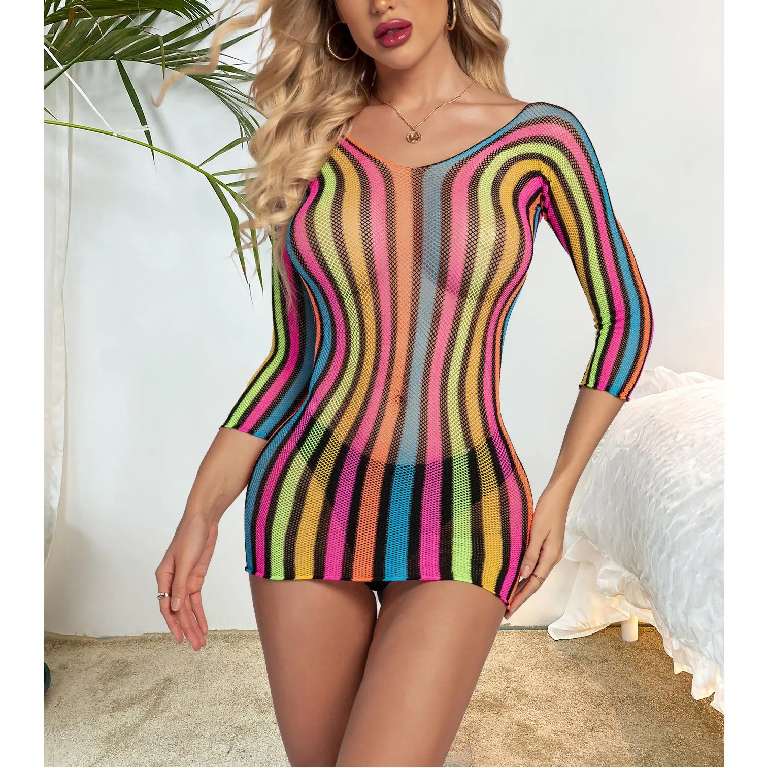Women's Rainbow Striped Fishnet V-Neck Bodycon Mini Bikini Cover-Up - Lightweight Bodysuit for Women, Complementary Bikini Top Option for Summer Beach, Bodycon Dresses, Fitted, Clothing, High-End Lingerie, Sexy