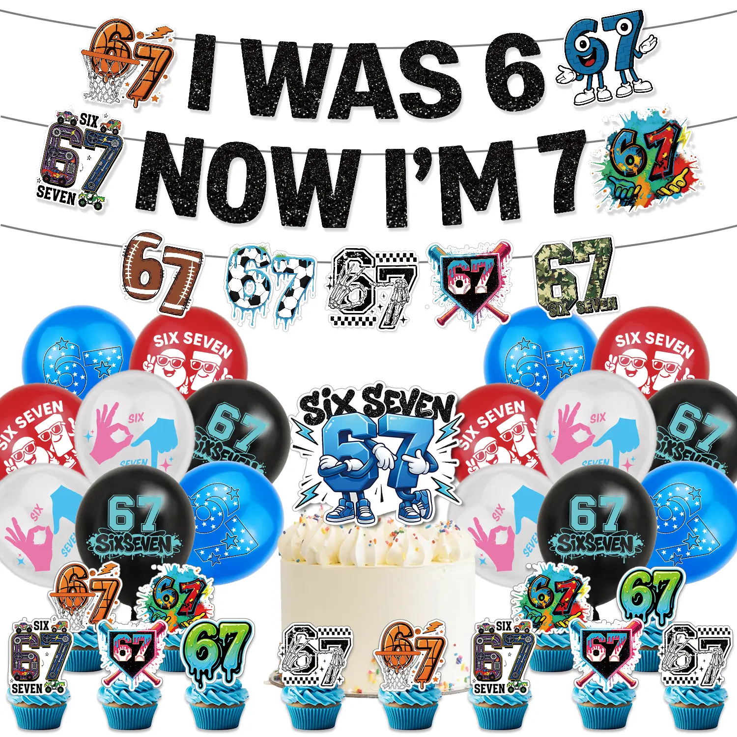 67th Birthday Meme Themed Party Pack - Festive Party Supplies Set with Humor Banner, Large Cake Topper, 12 Cupcake Toppers, 16 Latex Balloons, Trending Internet Vibe Balloon Decor, Gag Gifts for Teens, Gag Gifts Funny, Internet Joke Gift