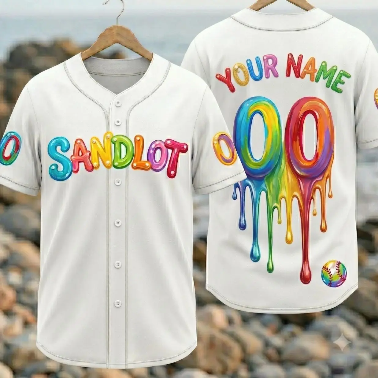 Custom Sandlot Baseball Jersey, Rainbow 3D Bubble Letter Shirt