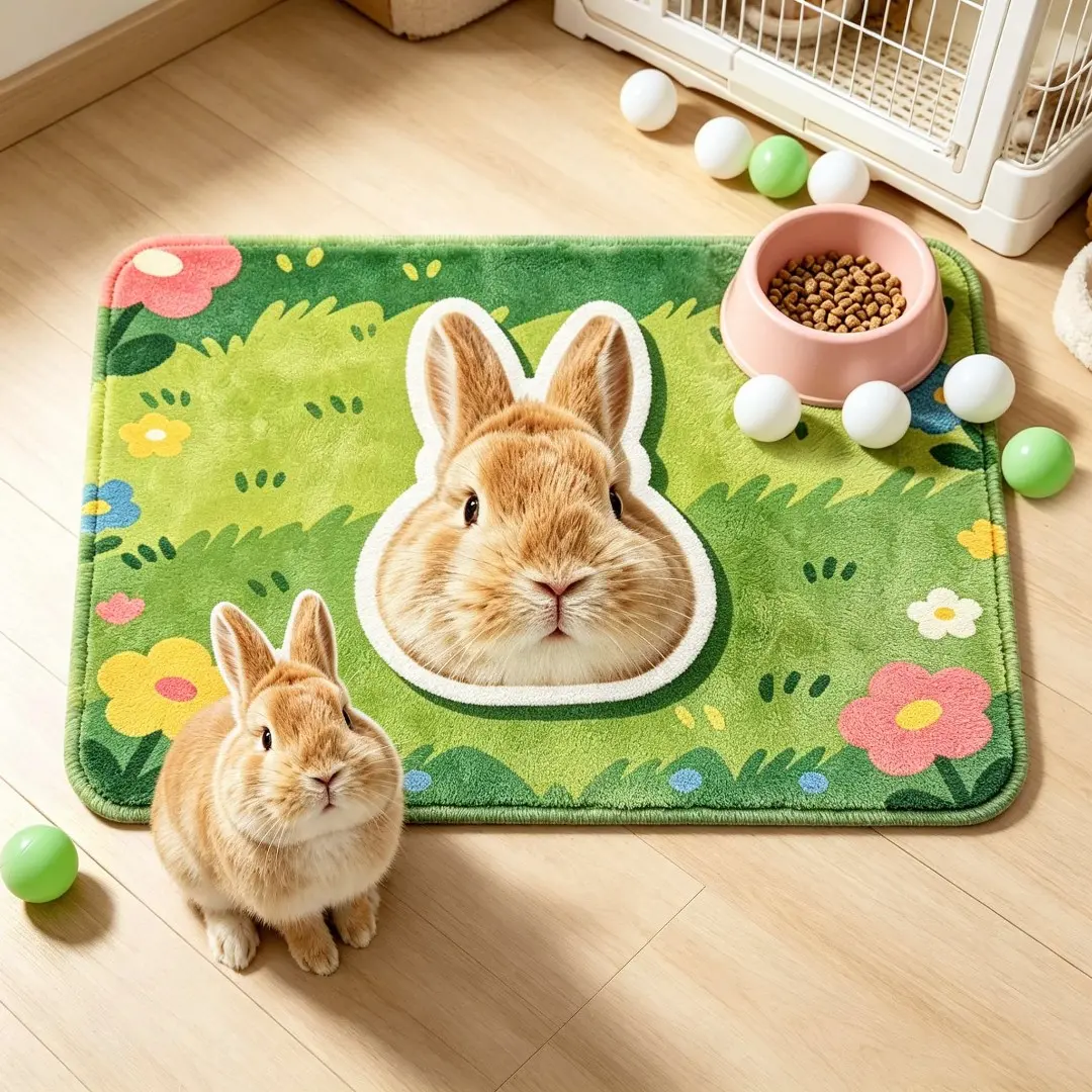 Rabbit Portrait Mat, Cute Bunny Floral Non-Slip Rug, Soft Cozy Rug for Bunny Room & Rabbit Habitat Decor, 24 x 16 Inches