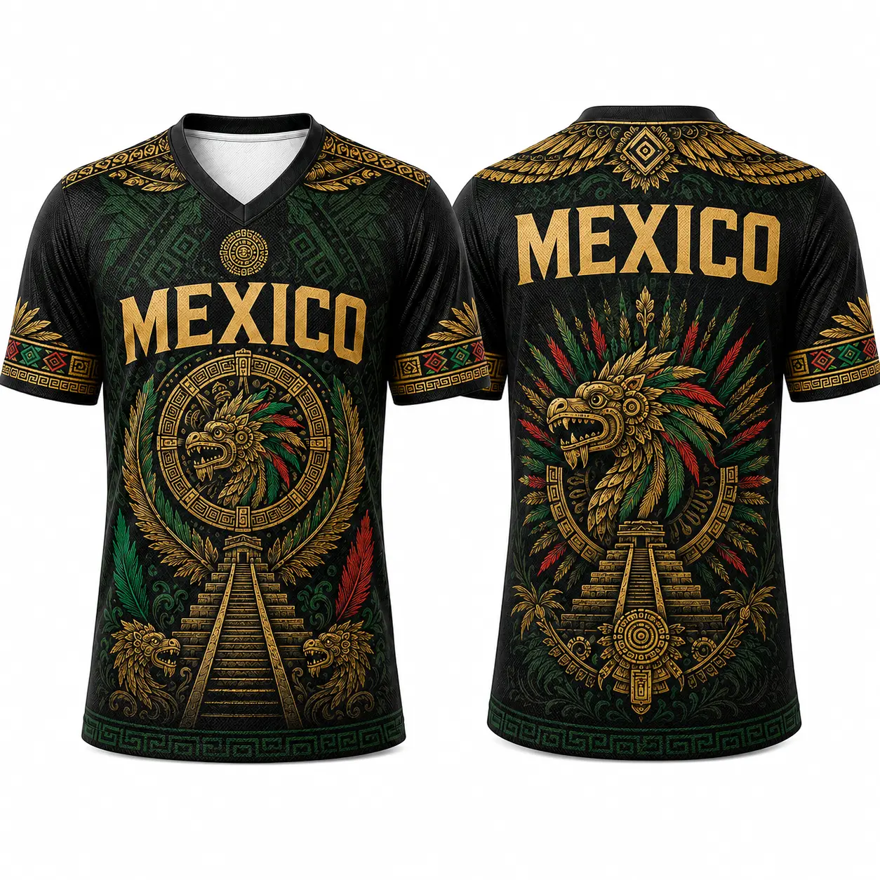 Men's Mexico Jersey Sports Wear - V-Neck Graphic Jersey Shirt with Black Gold Chichén Itzá Pyramid & Feathered Serpent Print, Breathable Athletic Top for Casual Street Style, Easy to Match Outfits, Classic Sporty Style, Easy To Match With Casual Outfits