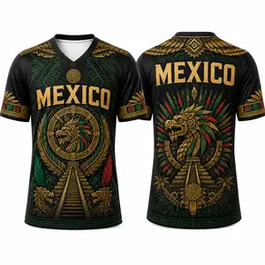 Male Mexico Football Fashion Sports Wear V-Neck Graphic Shirt, Black Gold Chichén Itzá Pyramid & Feathered Serpent Print, Breathable Athletic Top for Casual Street Style, Easy to Match with Casual Outfits