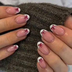 24Pcs Bow Press on Nails Short Almond French Tip Fake Nails Cute Bows Nails Design Holiday Glue on Nails White Nail Tips False Nails with Glue Handmade Nails for Women Valentines Manicure Decoration