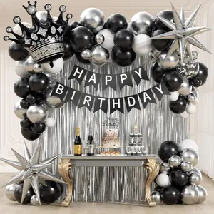 Black & Silver Birthday Decorations Set for Men with Balloons, Banner, Metallic Fringe Curtain