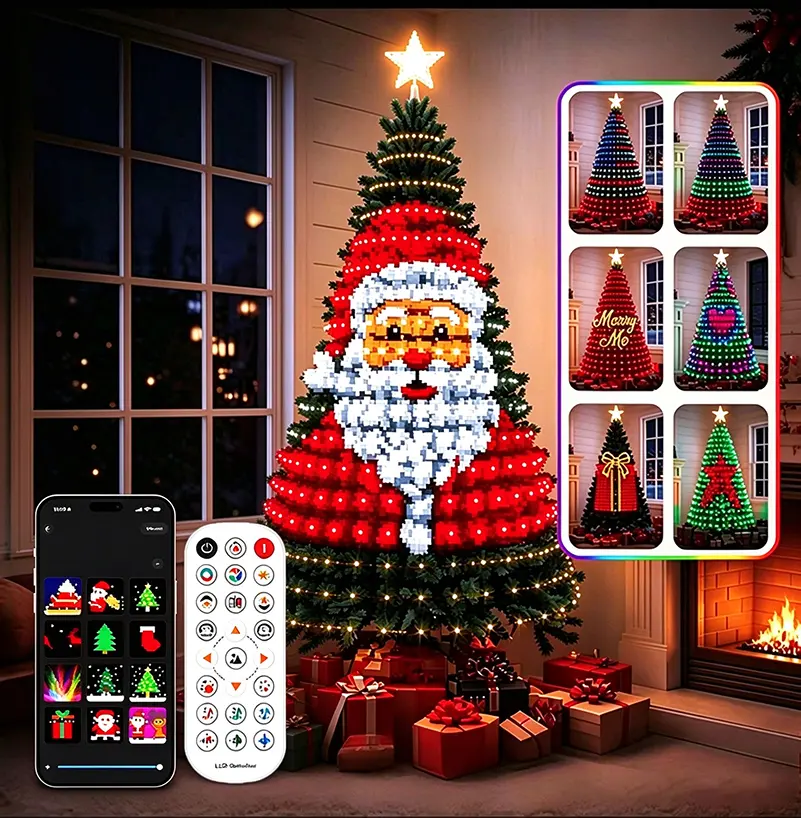 Smart Christmas Tree Lights - 7FT Magical Colored Waterfall String Lights with Ring & Topper Star, DIY LED Color Changing Show, 200+ Scenes, App/Remote Smart Control, Music Sync, Timer, Holiday Decoration, Colorful Lighting