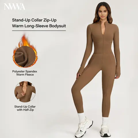 Women's Long-Sleeve Full-Length Stylish Activewear Workout Jumpsuit - Solid Color, Zipper-Front, High-Elastic Quick-Dry Polyester Spandex Sports Outfits for Yoga, Fitness