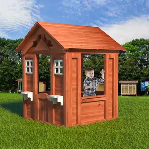 Wooden Kids Playhouse with Picnic Bench Half Door Windows Mailbox Fence Flowerpot Holders Cottage Playhouse for Backyard Garden Lawn Patio Firwood Construction Easy Assembly Unisex Play Structure for Children 3-8 Years Old