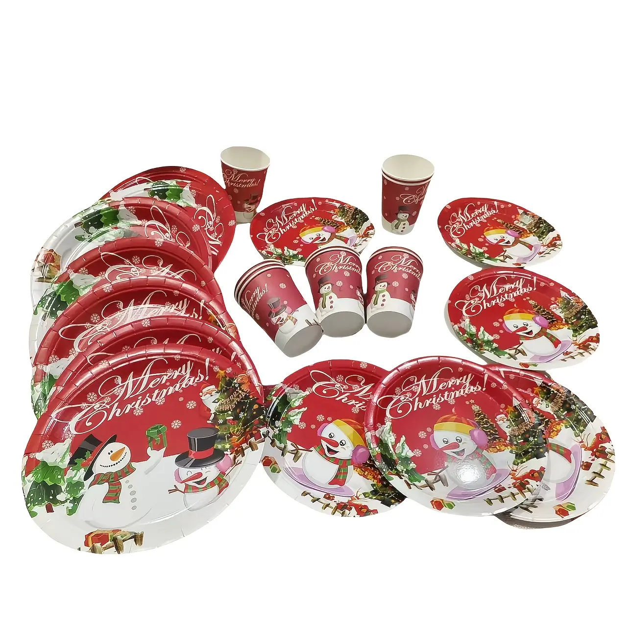 Snowman Christmas Party Set for 10-30 People, Festive Paper Plates & Cups, Joyful Design, Perfect for Celebrations, Birthdays, Holidays