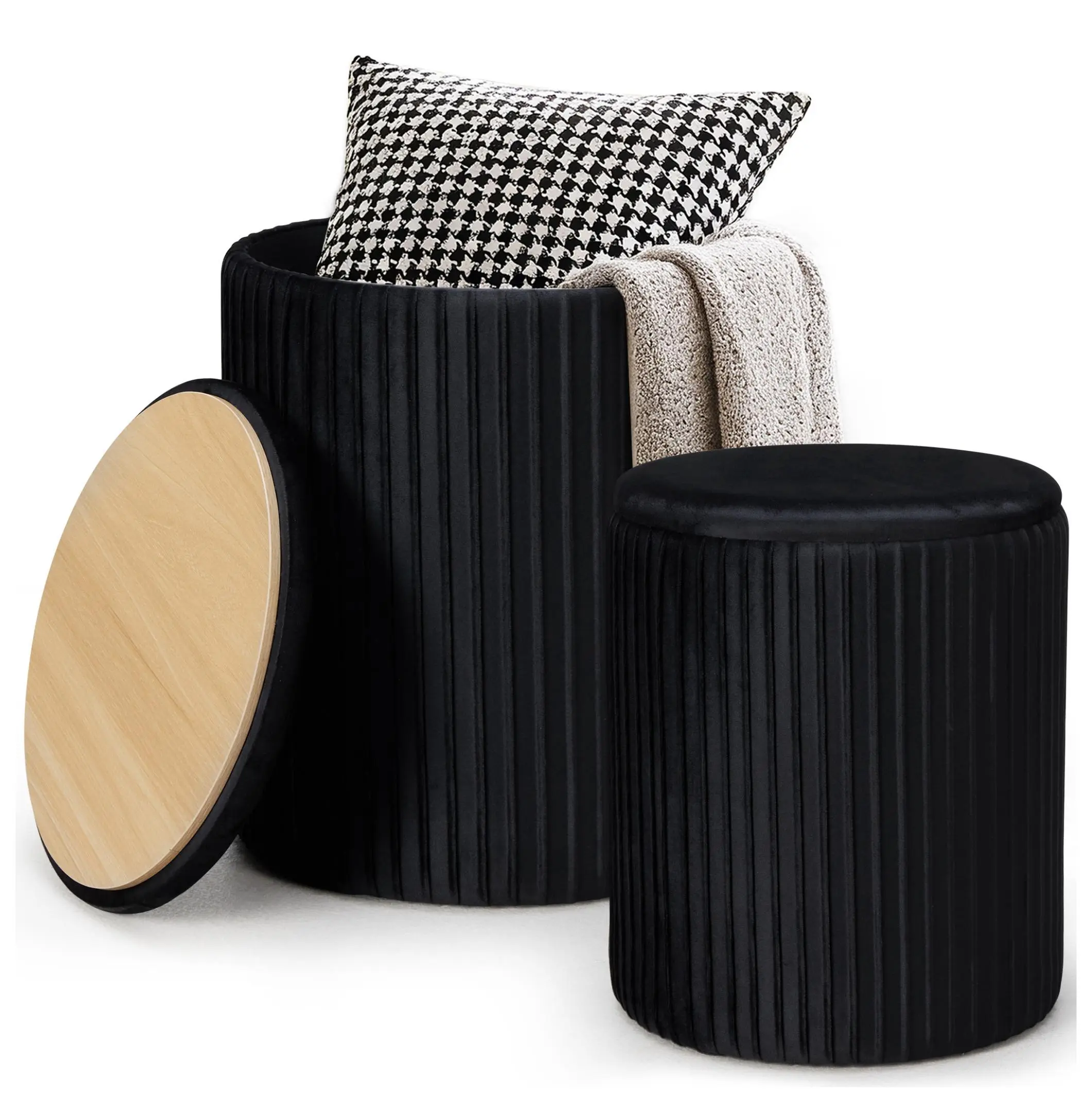 Round Storage Ottoman Set of 2 - Velvet Pouf Stool with Hidden Storage, Multi-Functional Footrest Coffee Table, Living Room Bedroom Decor