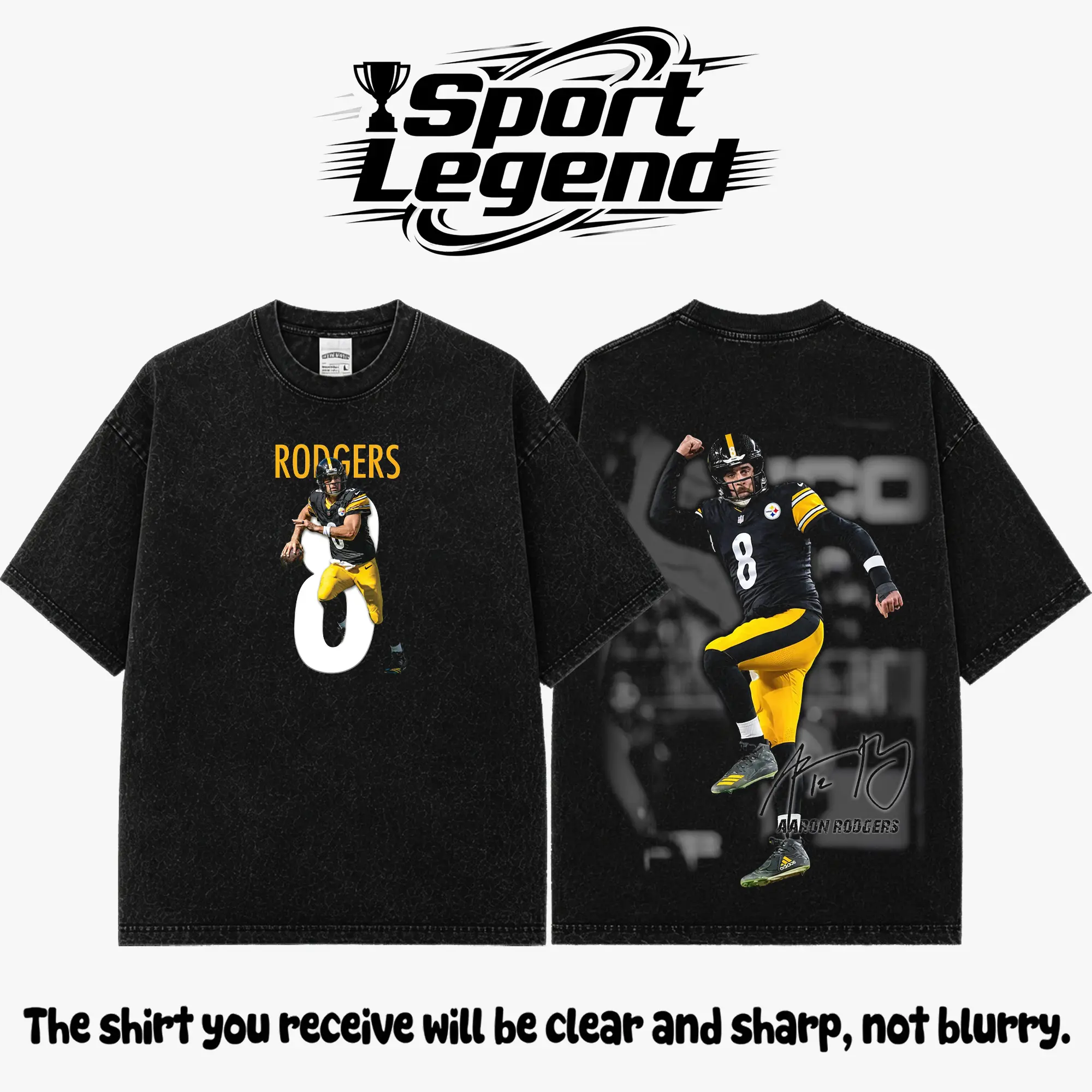 [Sale Up To 50%] Menswear Unisex Aaron Rodgers #8 Premium Acid Washed Cotton Short-Sleeve T-Shirt, Casual Steel City Football Fan Graphic Top, Vintage Heavyweight Game Day Streetwear Gift