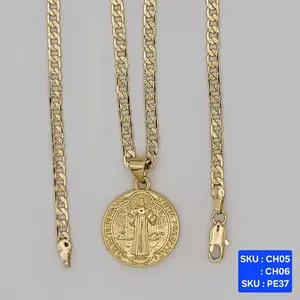 Saint Benedict Pendant (San Benito), Select chain style 24 & 18 inches 4mm wide  Laminated Gold jewerly SKU : PE37