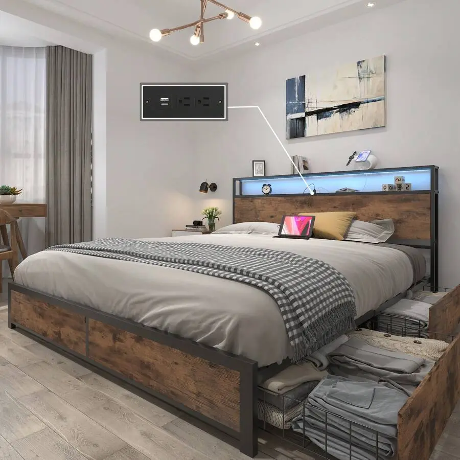 Classic Queen Bed Frame with Headboard, Steel Iron Metal Support, Charging Station, Storage Drawer, LED Lighting