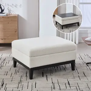 33.86" Boucle Storage Ottoman – Reversible Lid, Rubberwood Legs (Ivory)