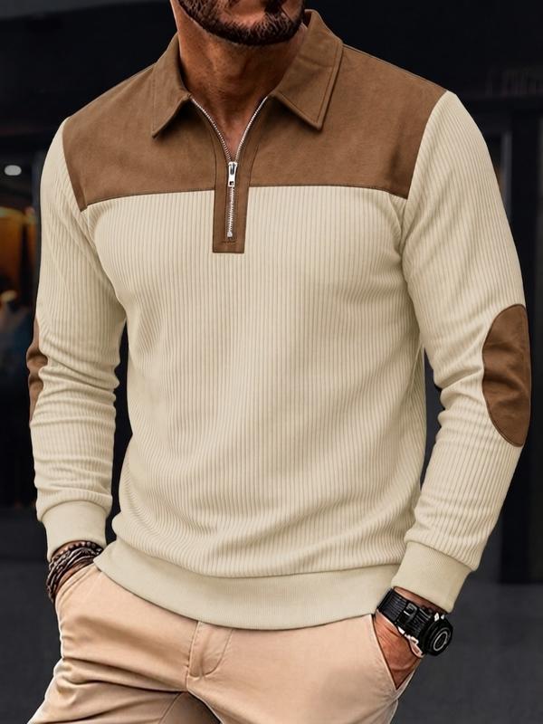 Men's Long Sleeve Polo Shirt Quarter Zip Standing Collar Color Block Casual Top, Streetwear Daily Sports Outdoor Shirt, Halloween Gift