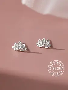 S925 Sterling Silver Lotus Design Earrings, Fashionable Rhinestone Decor Earrings for Women & Girls, Trendy All-match & Exquisite Jewelry for Birthday Gift