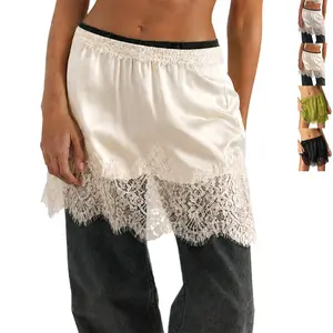 Buenoble Lace Trim Satin Mini Slip Skirt Women Y2K Coquette Layering Skirt, Low Waist Ruffle Lace Skirt Overlay for Jeans, Summer Going Out Outfit