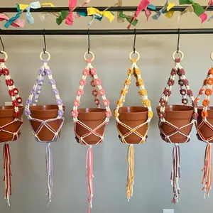 Floral Macrame Plant Hangers Garden Decor Boho Maximalist Space Saver with Colorful Beads and Tassels for Bohemian Style